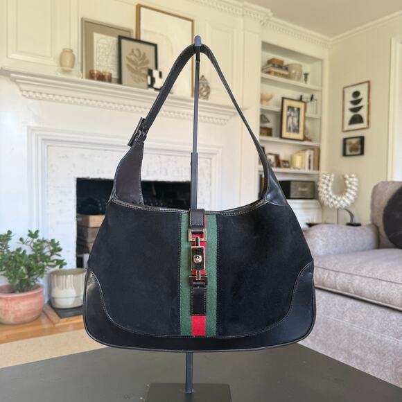 GUCCI Black Suede Jackie Sherry Bouvier Stripe Hobo Bag Leather - Picture 2 of 10